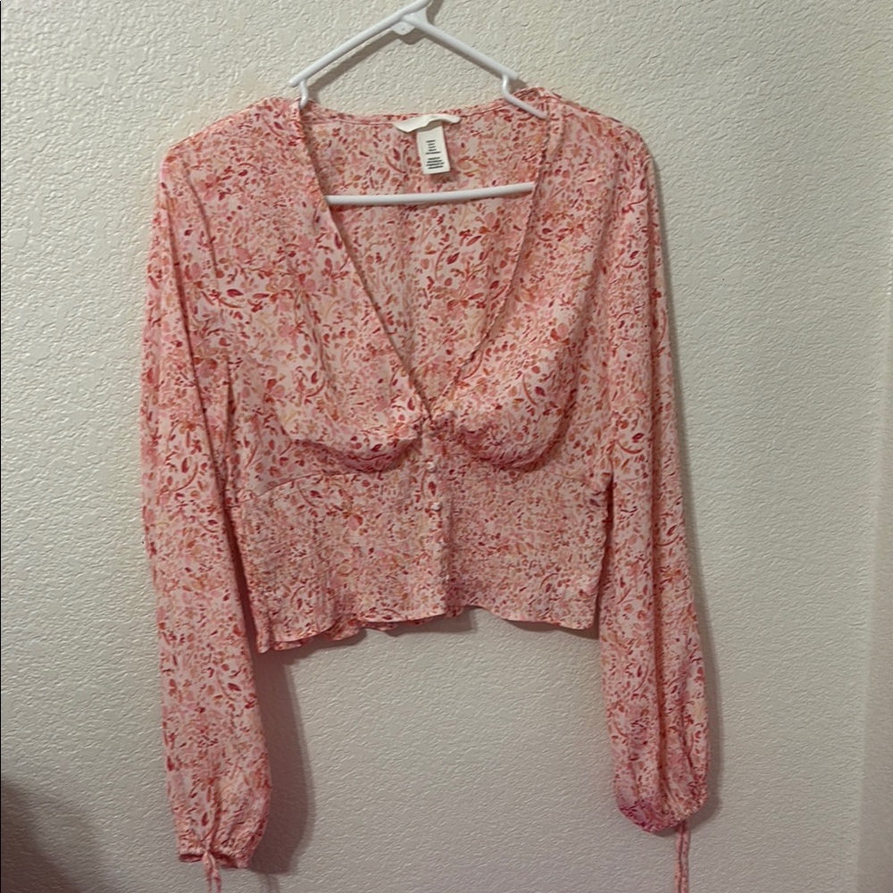 H&M Pink Tie Front Crop Blouse
